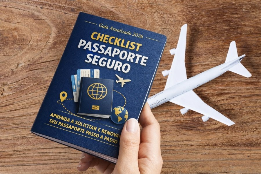 Passaporte brasileiro com avião de papel sobre mesa de madeira