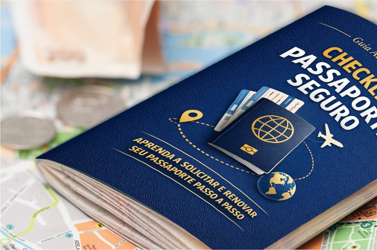 Passaporte brasileiro aberto com documentos de viagem